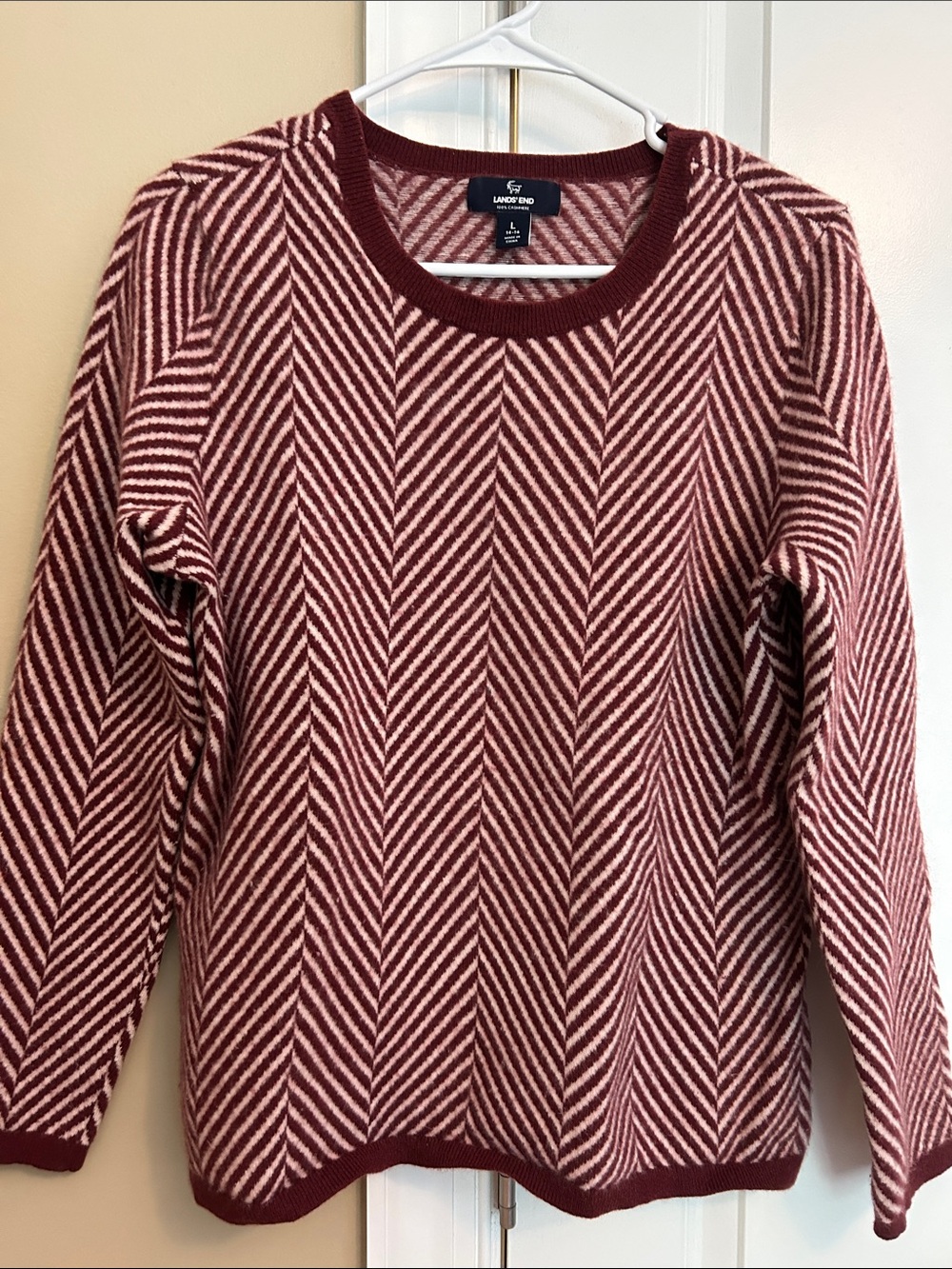Lands' End Cashmere Burgundy & Cream Chevron Sweater